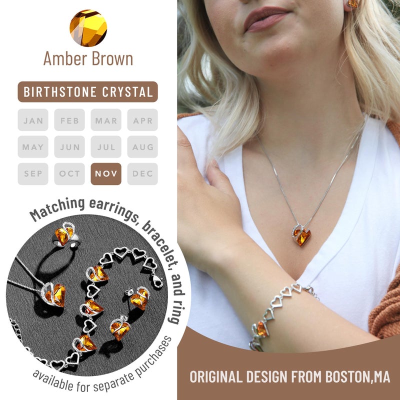 Leafael Valentine's Day Gift Necklaces for Women, Infinity Love Birthstone Heart Pendant with Amber Brown Crystal for November, Birthday Jewelry for Her, Mom, and Wife, Silver Plated, 18" + 2" Chain - Image 4